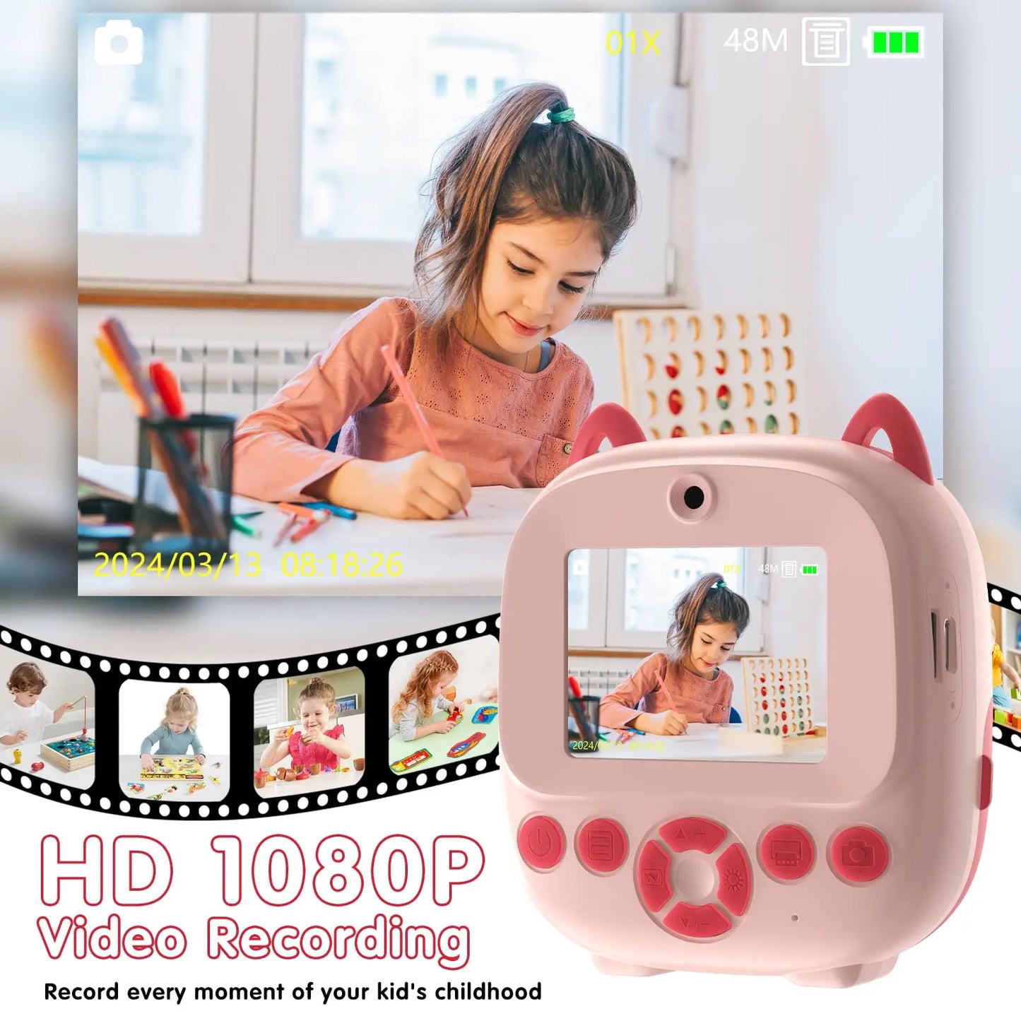 Cámara de impresión instantánea, cámara multifuncional para niños pequeños con impresión de fotos instantánea, cámara digital de 2,4 pulgadas con pantalla HD para fotos