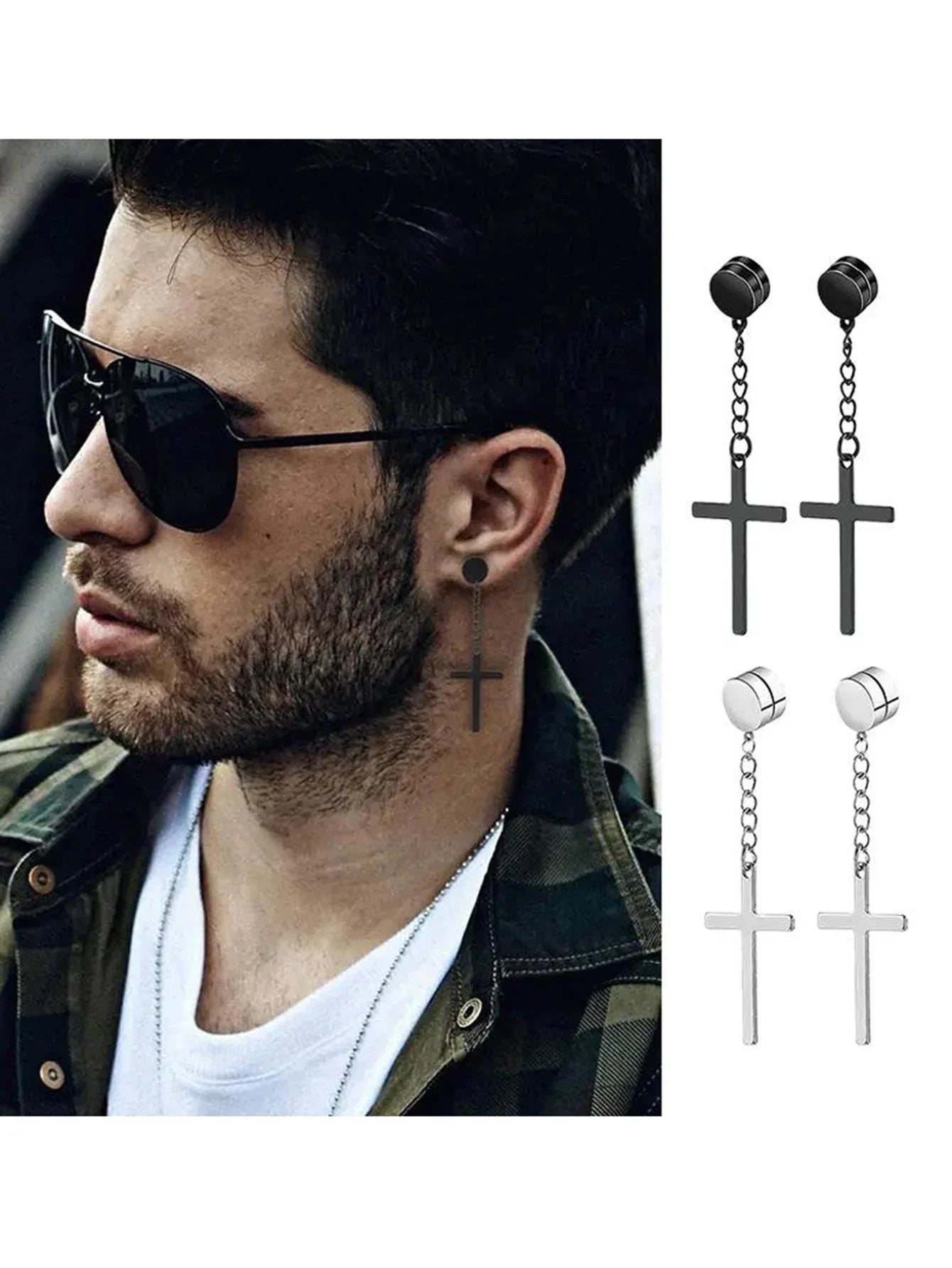 Ensemble de faux boucles d'oreilles en acier inoxydable pour hommes, 1 à 10 paires, à la mode, avec trou d'oreille, aimant gratuit, zircon