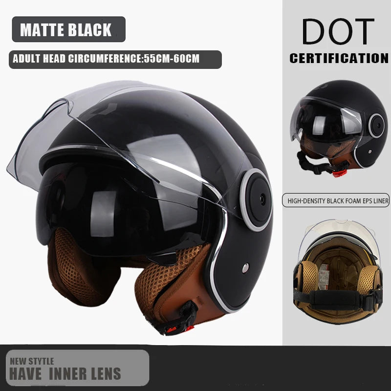DOT - Vintage Open Face Motorcycle Helmet, Retro 3/4, Cruise, for Men and Women
