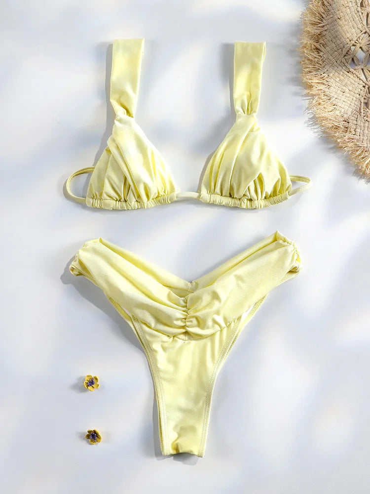 Sexy plis Bikini ensemble solide Micro Bikinis femmes maillot de bain femme Triangle maillots de bain vêtements de plage maillot de bain