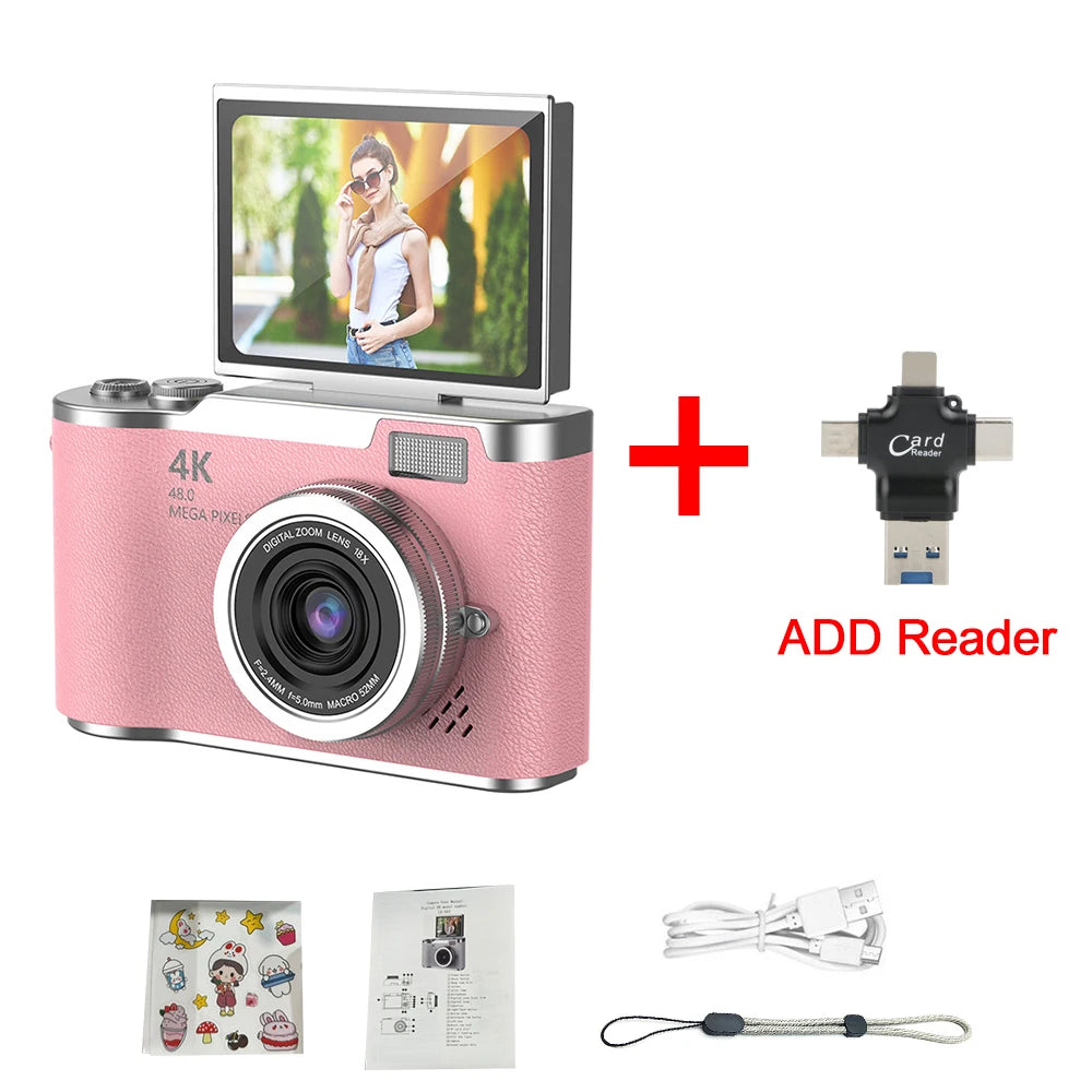 Appareil photo numérique 4K CCD — 8x zoom, 48MP, compact, 180° écran rabattable, selfie, étudiant