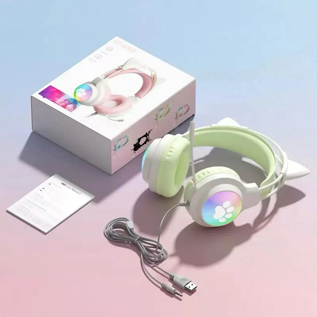 Casque gaming oreilles de chat filaire — suppression du bruit, éclairage LED, son surround FPS, avec micro
