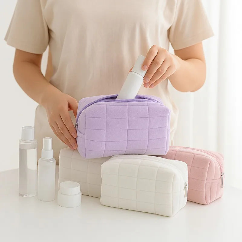 Neceser de felpa suave, bolsa de viaje portátil, color liso, cierre de cremallera, organizador de almacenamiento de artículos de tocador para mujeres, bolsa de maquillaje
