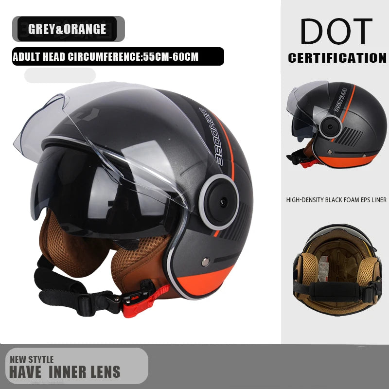 DOT - Vintage Open Face Motorcycle Helmet, Retro 3/4, Cruise, for Men and Women
