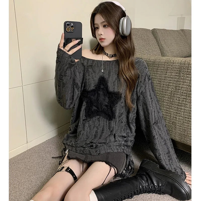 Liquidation_Harajuku trendy star hollow out long sleeve t-shirts Korean Kawaii Ropa Mujer casual Y2k t-shirt clothes