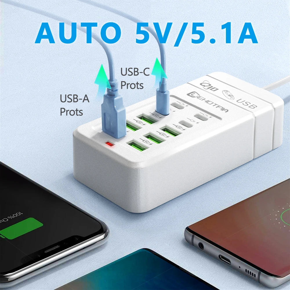 Multi-Fast USB Charger, EU UK US Plug, Power Adapter, 1.2m Extension Cord, 6 USB-A 4 USB-C, Portable for Mobile Phone