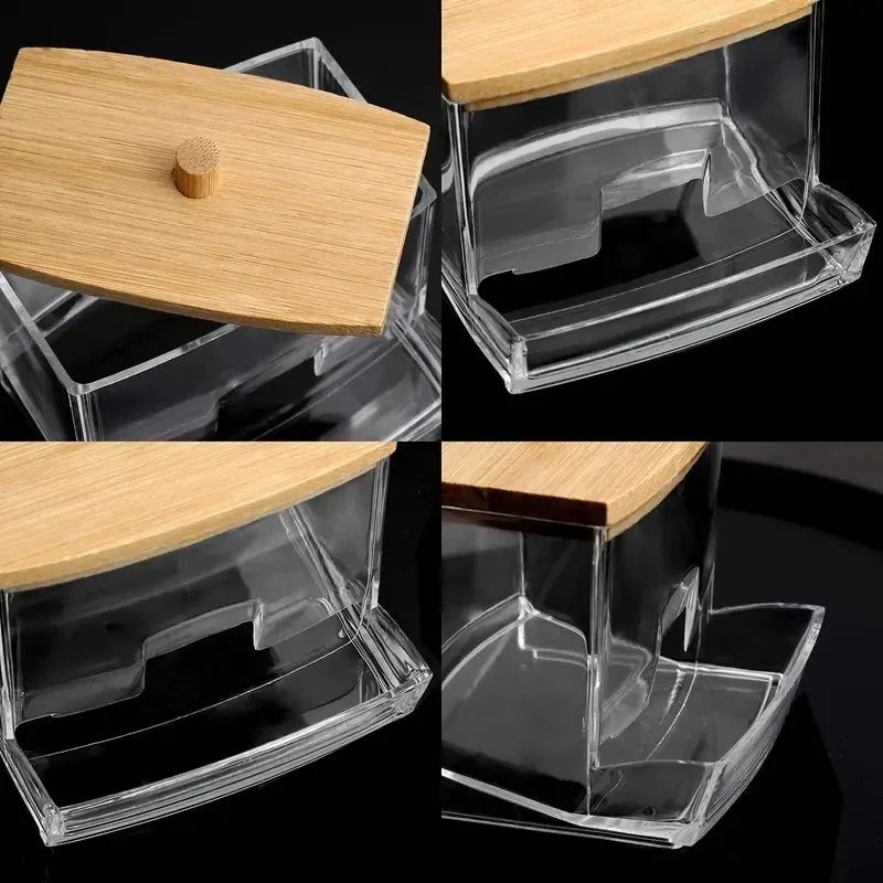 Cotton Swab Storage Box, Double Head Cotton Swab Container, Transparent Square Bamboo Lid, Toothpick Organizer Box