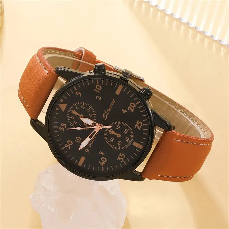 Nuevo conjunto de reloj de pulsera de lujo para hombre, moda de negocios, relojes de cuarzo de cuero marrón para hombre, regalo Relogio Masculino