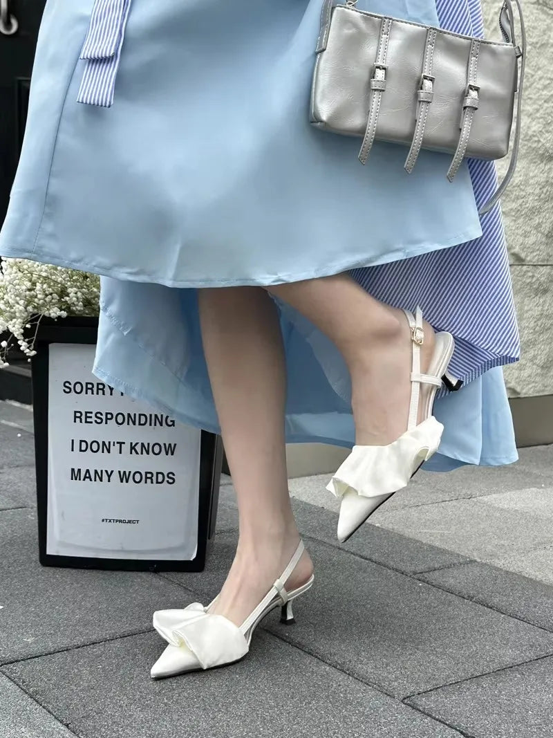 Zapatos de tacón alto para mujer, puntera en pico, destalonados, de oficina, con tacón bajo, rosa, blanco, diseño floral, sexy