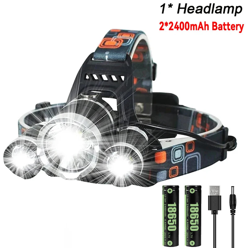 Lampe frontale rechargeable USB 2*18650, puissante lampe torche LED, lanterne étanche, lampe frontale portable pour la pêche et le camping