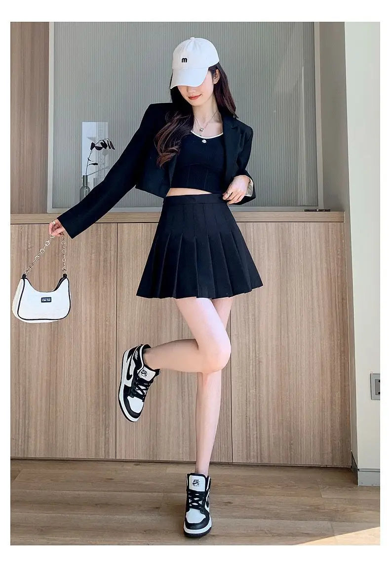 Mini jupe plissée avec short pour femmes, taille haute, ligne a, jupe patineuse, blanc, noir, rose, uniforme scolaire sportif, nouvelle mode, offre spéciale