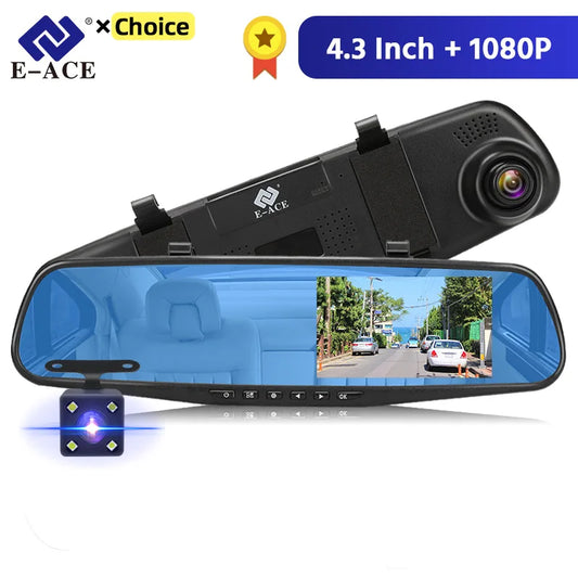 Dashcam Rétroviseur 4,3" FHD 1080P — Double Objectif DVR Enregistreur Voiture
