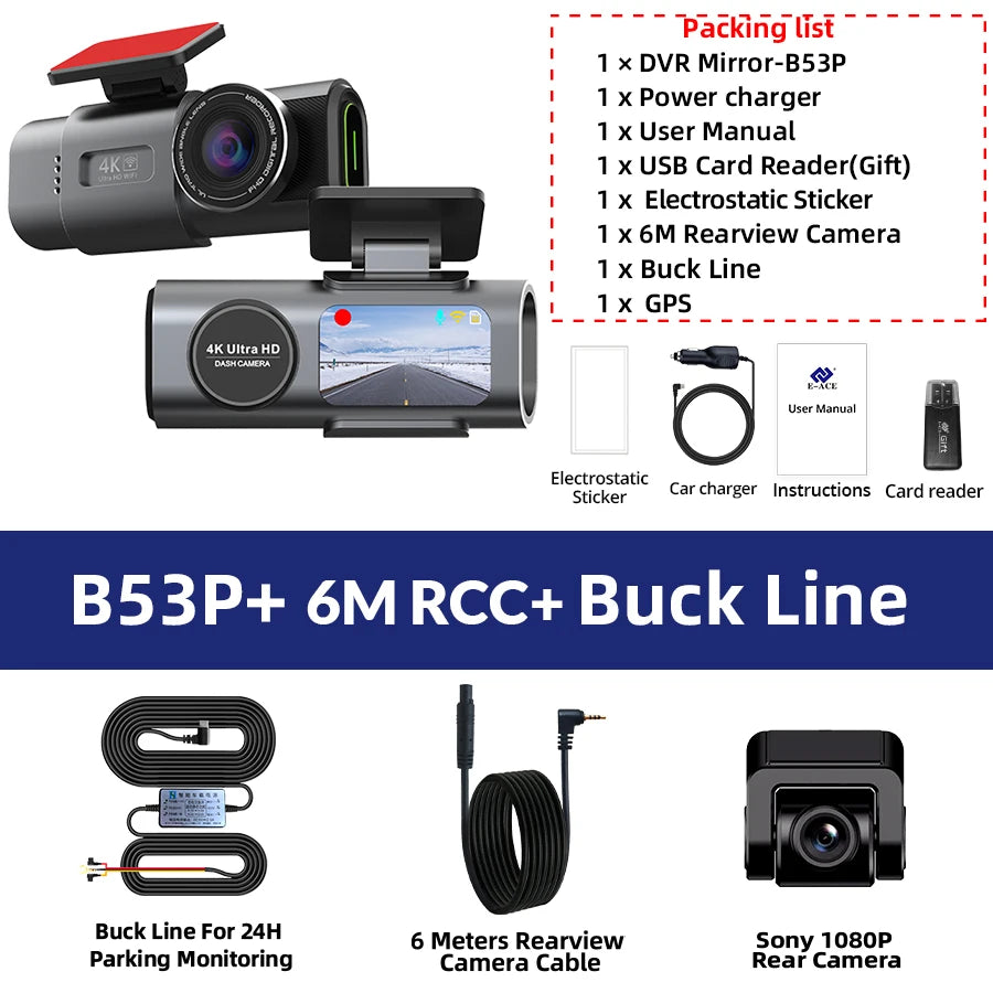 4K Dash Cam GPS WIFI APP 24H Night Vision Optional Rear Mini Lens Car Dashcam DVR Video Recorder Car Camera Black Box