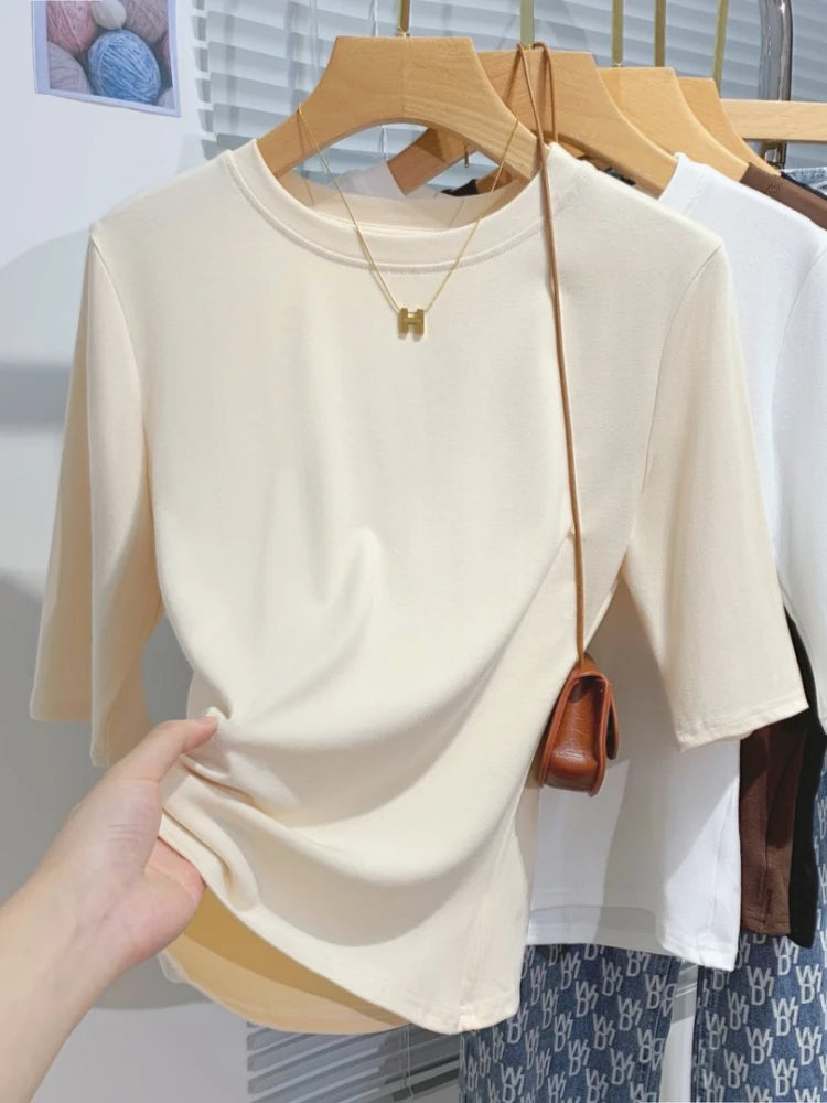 T-shirt femme 100% coton basique — col rond, tendance, uni, manches courtes, été 2026