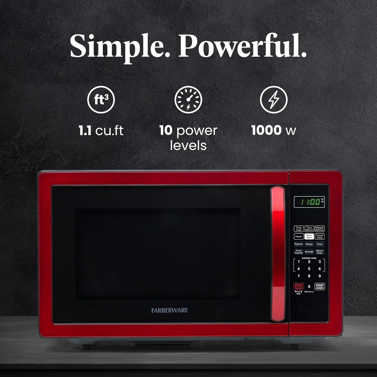 Microondas de encimera de 1,1 pies cúbicos, 1000 W, cocción automática, descongelación, fácil limpieza, seguro para niños, rojo metálico