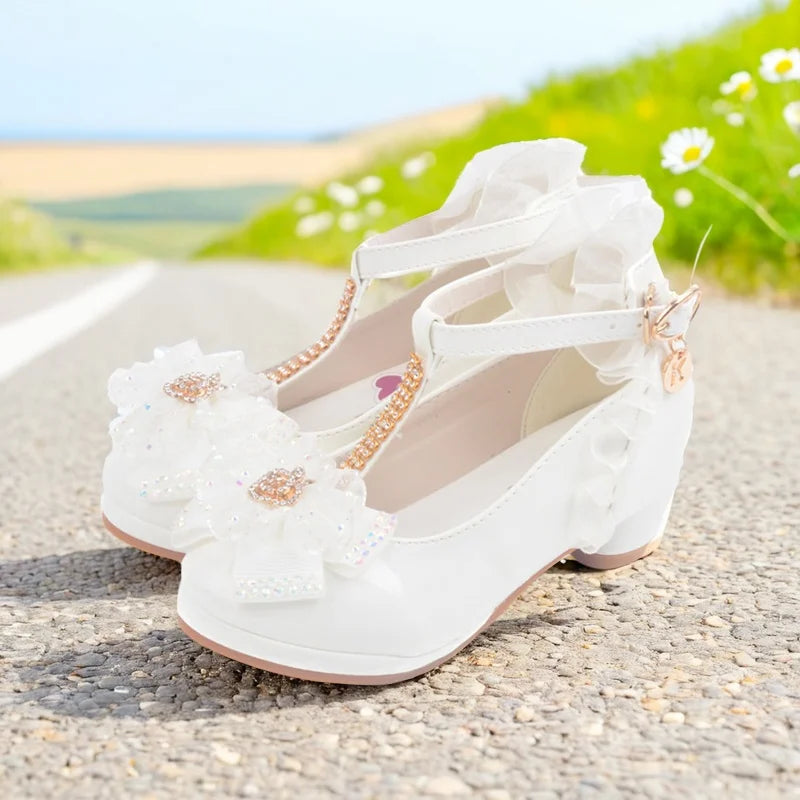 ULKNN Girls high heel sandals pink leather buckle strap children's gladiators white bow tie shoes size 26-37 soft toddler shoes