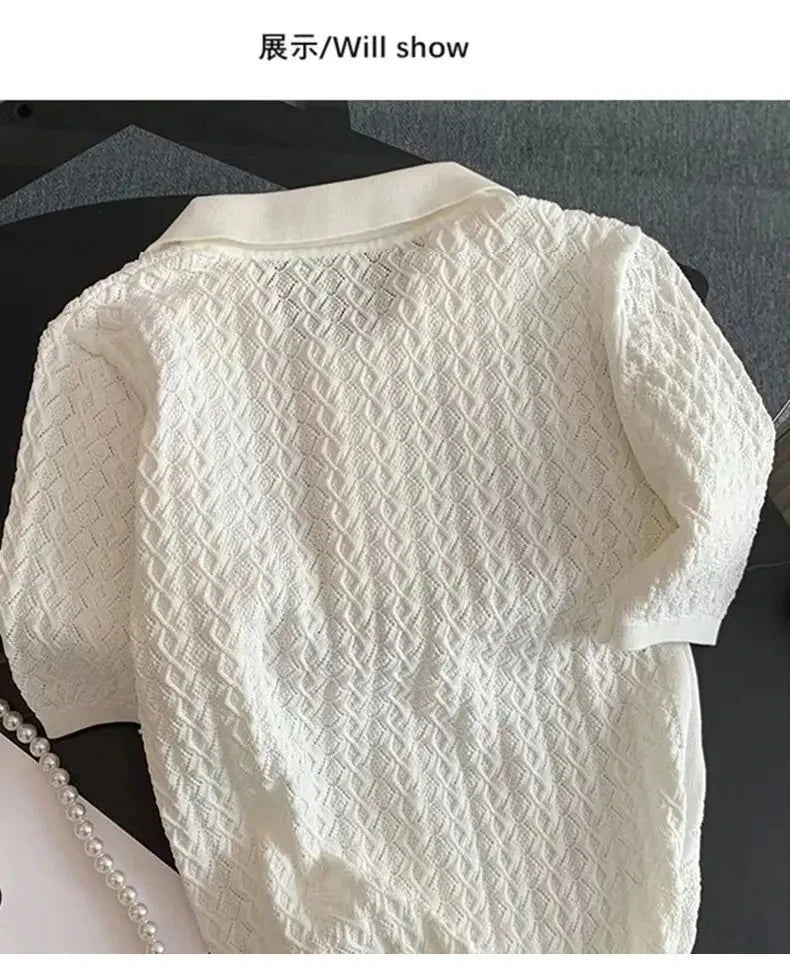 Polo en soie glacée tricoté à manches courtes, T-shirt d'été chic et fin, hauts jacquard uniques pour femmes, style coréen 2026, vêtements pour femmes