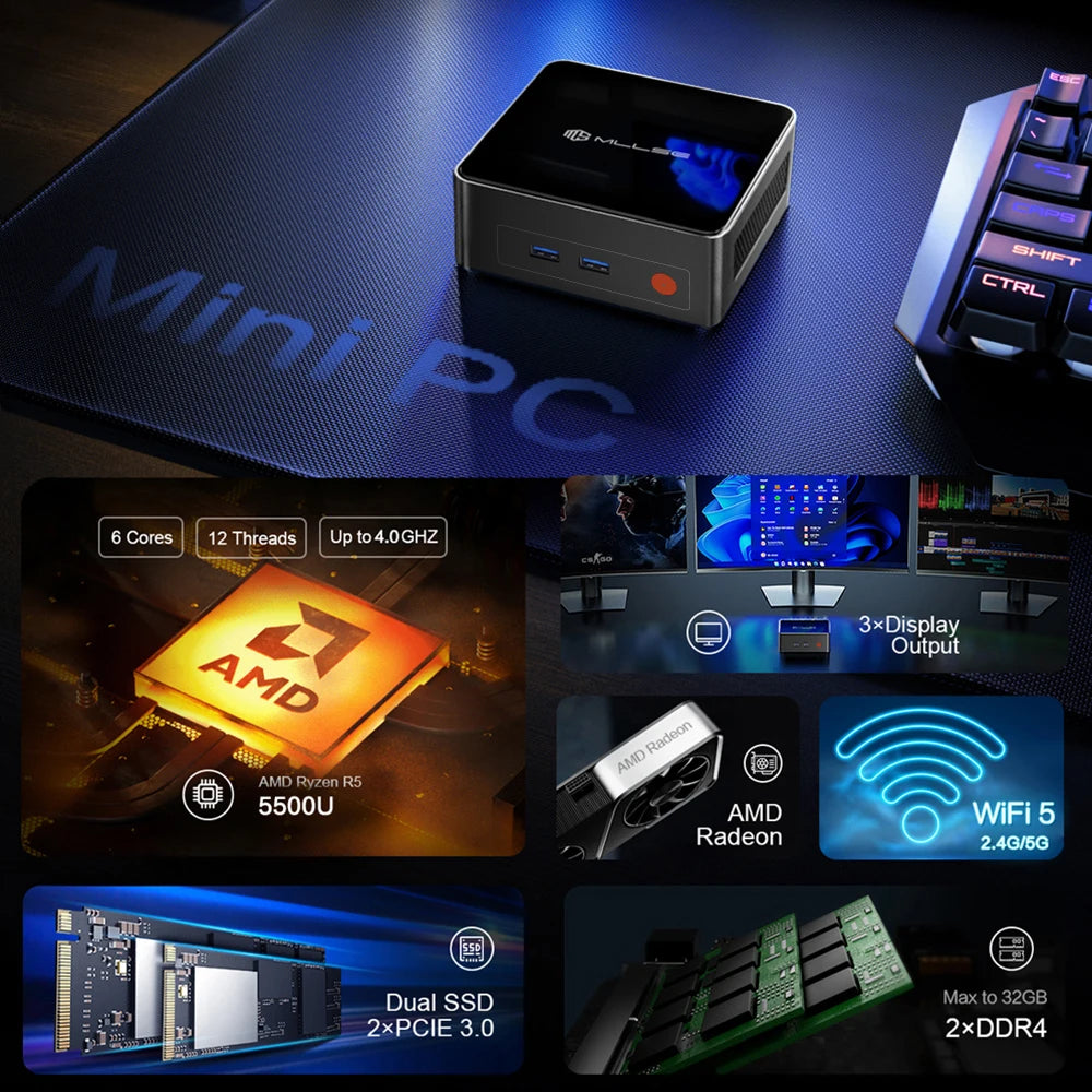 Mini PC MLLSE G1, AMD Ryzen5 5500U, DDR4 16 Go de RAM, SSD 512 Go, WiFi5, BT4.2, Windows 11 Pro, ordinateur de bureau miniature pour le jeu et le travail