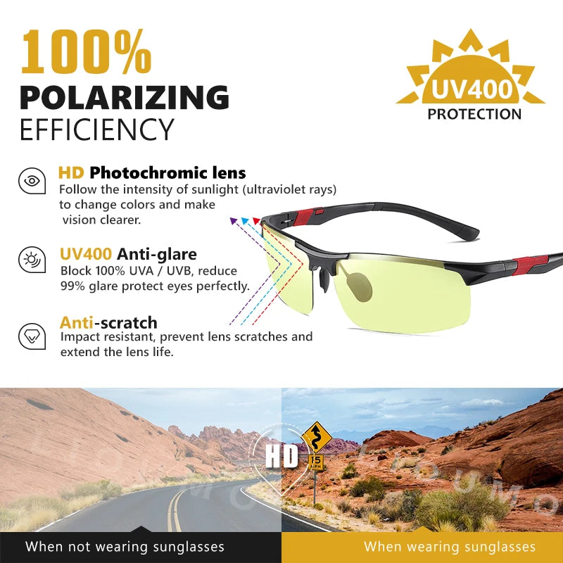 Lunettes de soleil photochromiques sans monture aluminium polarisées — conduite jour et nuit