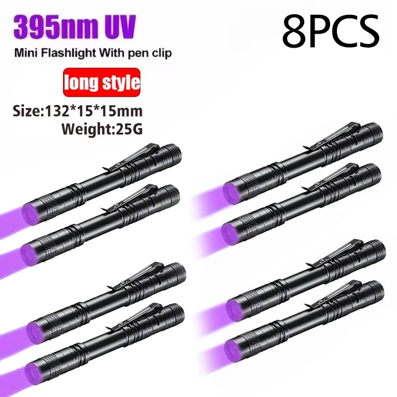 Lampe de poche UV 395nm, torche ultraviolette avec pince à stylo, piles AAA portables utilisées, lumière violette, détecteur d'urine animale et de Scorpion, lampe UV