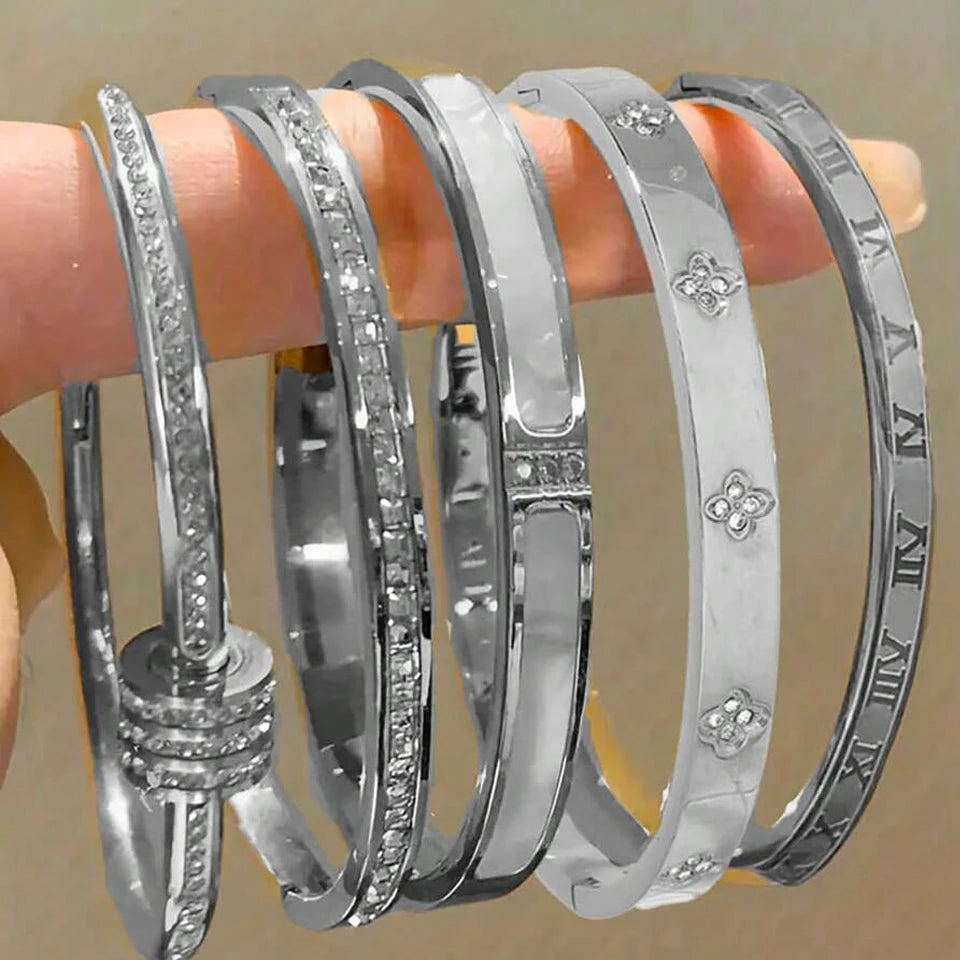ZAKOL 5/1 Pcs Set Stainless Steel Bracelet with Sparkling Zirconia Inlaid for Women Stackable Bracelets Fashion Non-Fading Jewelry Gift