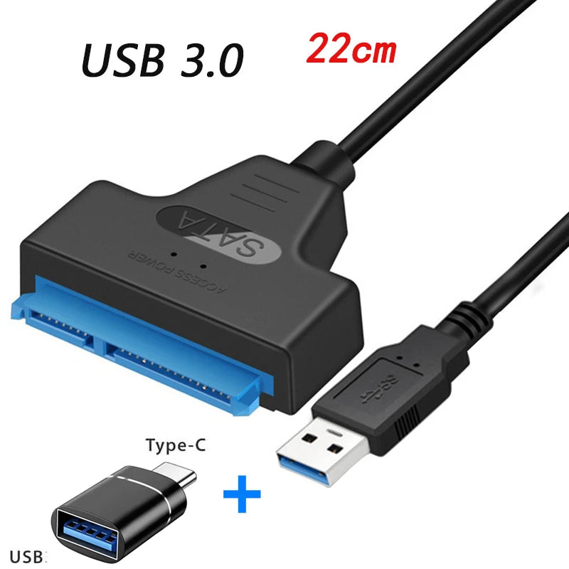 Adaptateur SATA vers USB 3.0/2.0/type-c, câble Sata jusqu'à 6 Gbps, prise en charge du disque dur externe SSD de 2.5 pouces, câble Sata III à 22 broches