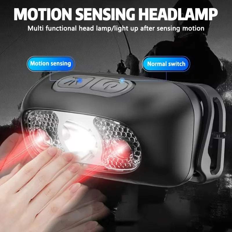 Lampe frontale puissante à LED portable avec capteur, rechargeable par USB, lampe torche frontale pour camping, pêche, lanterne d'urgence