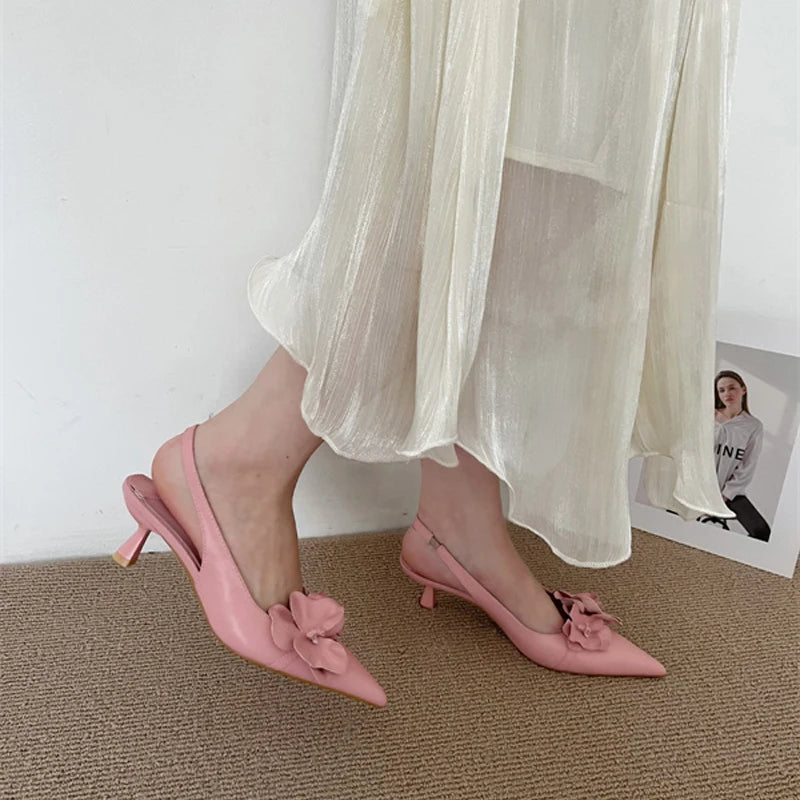Zapatos de tacón alto para mujer, puntera en pico, destalonados, de oficina, con tacón bajo, rosa, blanco, diseño floral, sexy