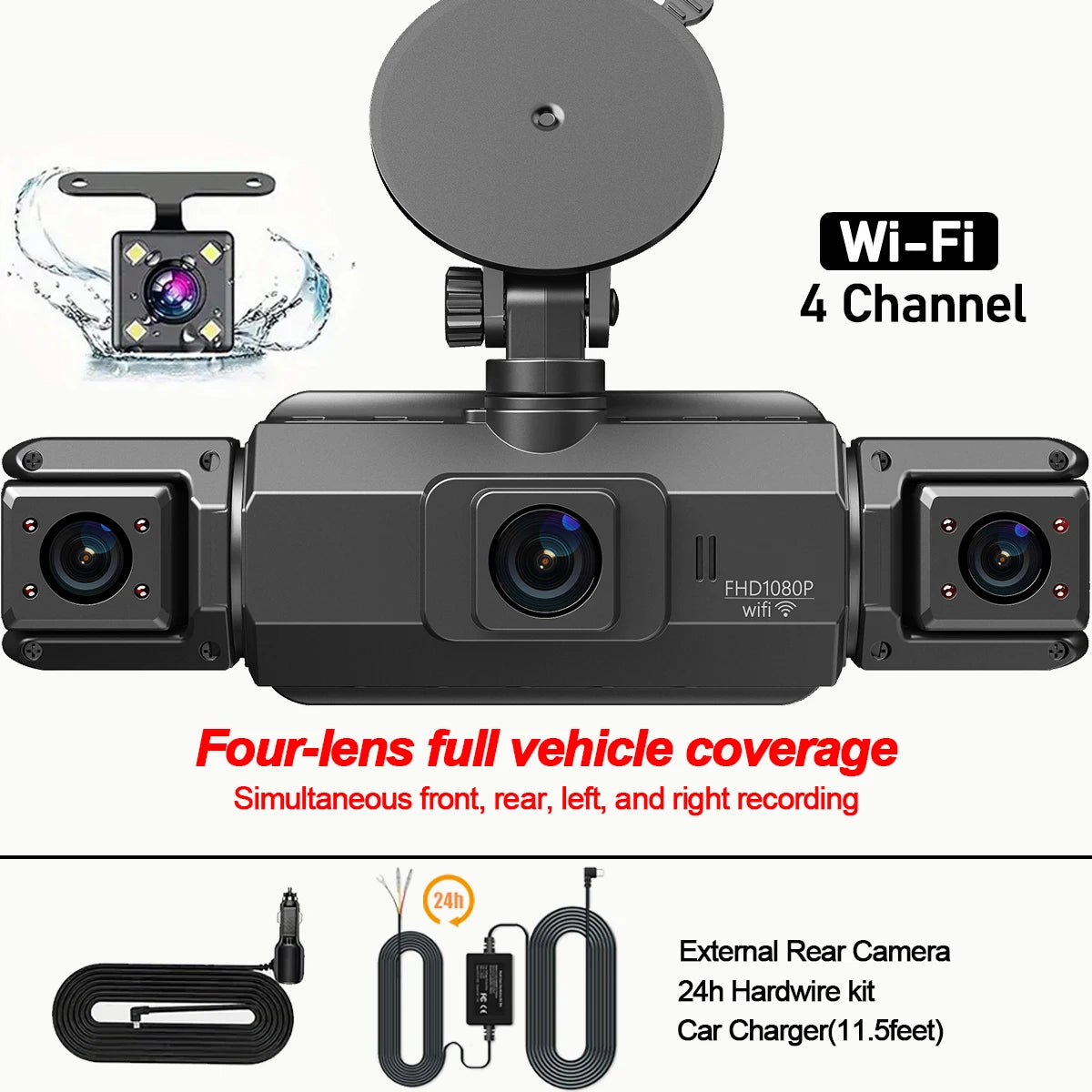 4-channel WiFi car dashcam DVR dashcams for car 24h rear box parking mode interior front and rear 360 dash cam