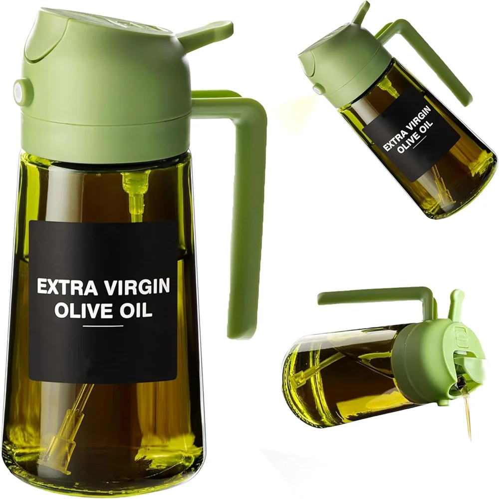 Pulvérisateur d'huile pour la cuisine de 470 ml, distributeur d'huile d'olive 2 en 1 et flacon pulvérisateur d'huile, vaporisateur d'huile avec autocollants, flacon pulvérisateur en verre épais