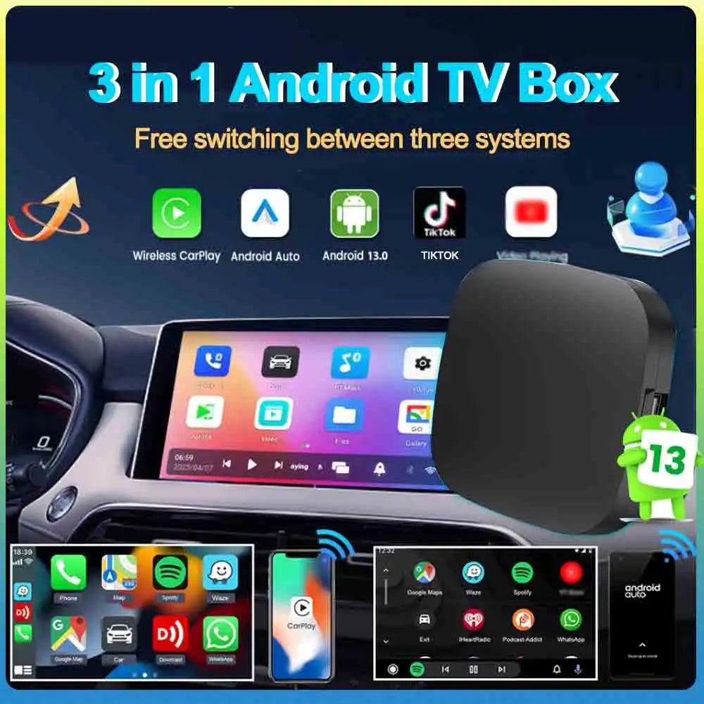 Adaptador inalámbrico 3 en 1, Android 13, AI Carplay, Android Auto, OEM, con cable a caja inalámbrica CarPlay, rápido, alérgico, prometedor Netflix