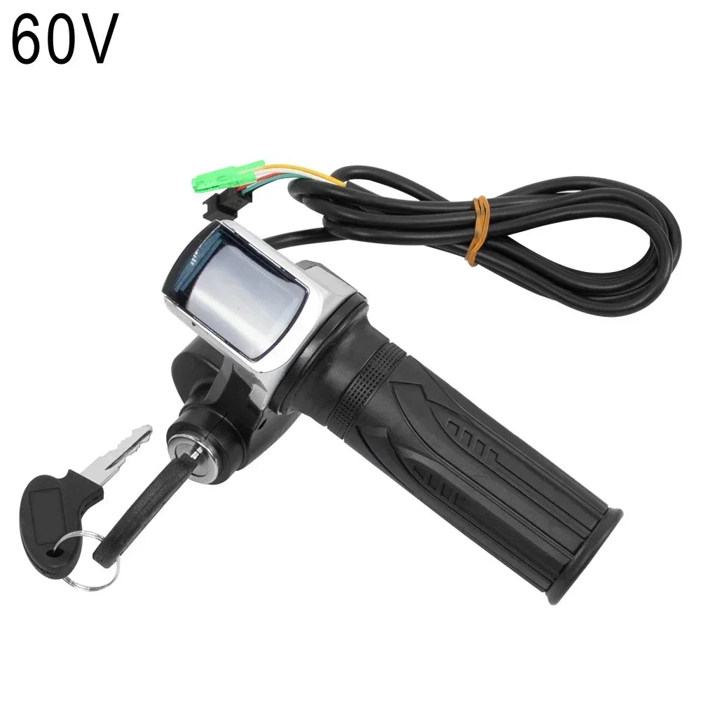 36V 48V 60V Electric Bike Throttle Grip, Electric Bicycle Handlebar with Lock, Scooter Throttle Power Indicator LED Display Key