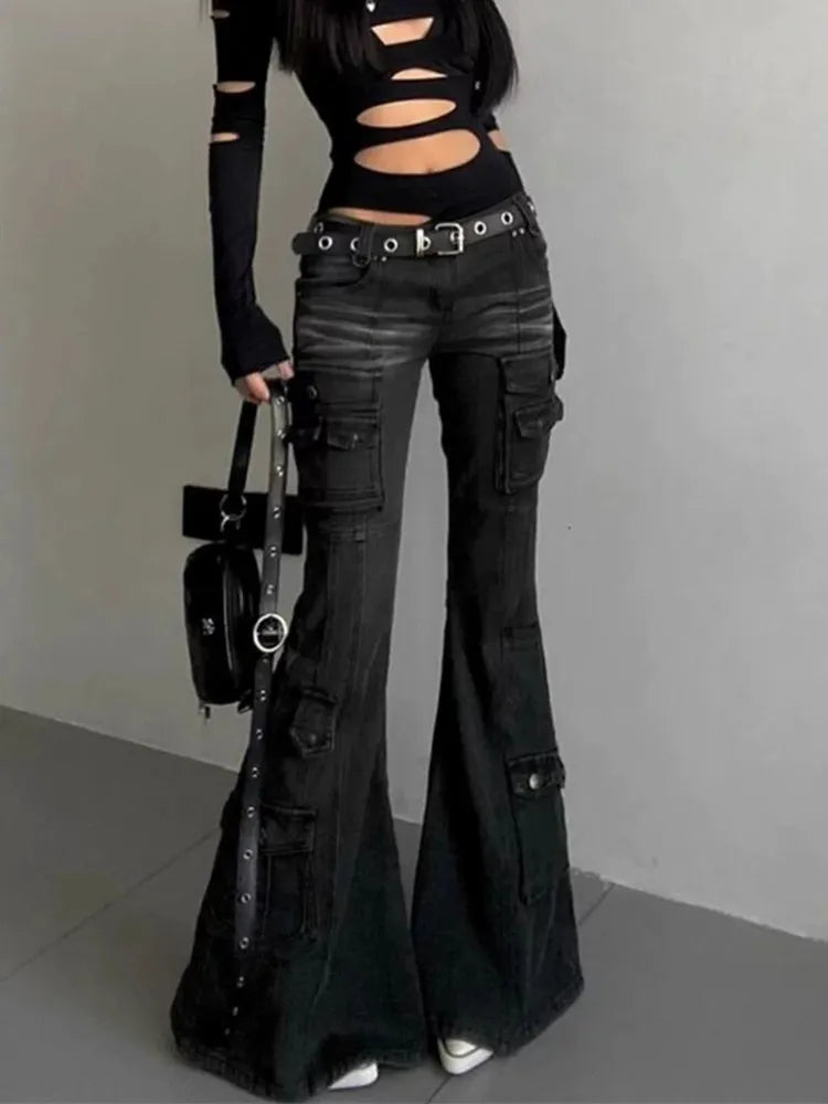 Pantalones vaqueros acampanados negros vintage delgados de 2025 Cyber Y2K Streetwear Cargo, ropa para mujer, pantalones de señora con múltiples bolsillos