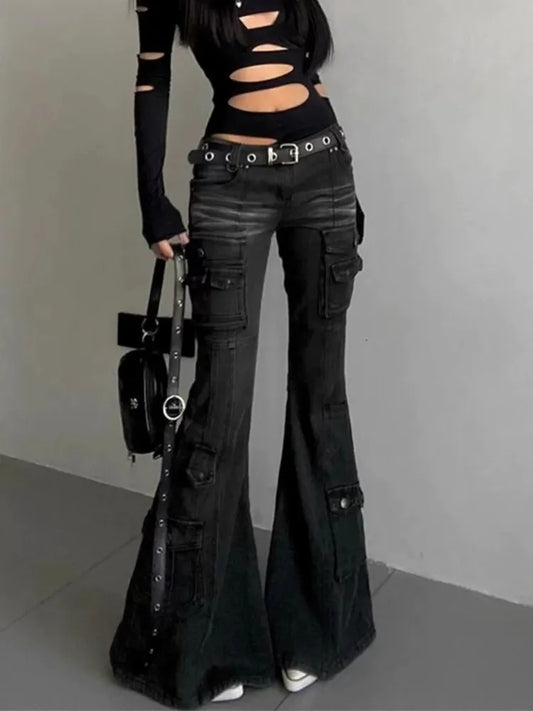 Jean Cargo Femme Y2K Streetwear — Vintage Noir Flare Multi-Poches 2025