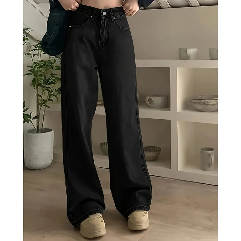 Women's high-waisted jeans, streetwear, designer, wide leg, classic grey, gothic, straight pants, fashion