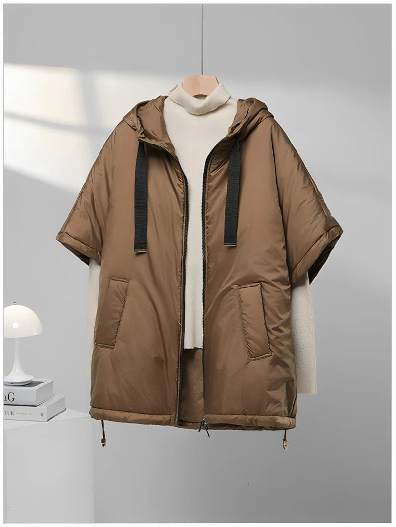 Chaleco de mujer Schinteon camel tipo capa de plumas con capucha holgado sin mangas, chaleco sólido de moda, chaqueta de otoño invierno 2025 nuevo