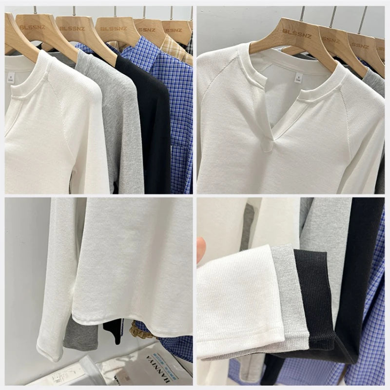 T-shirt basique ajusté à col en V et manches longues pour femme, style coréen, polyvalent, simple, couche de base, décontracté, collection 2026