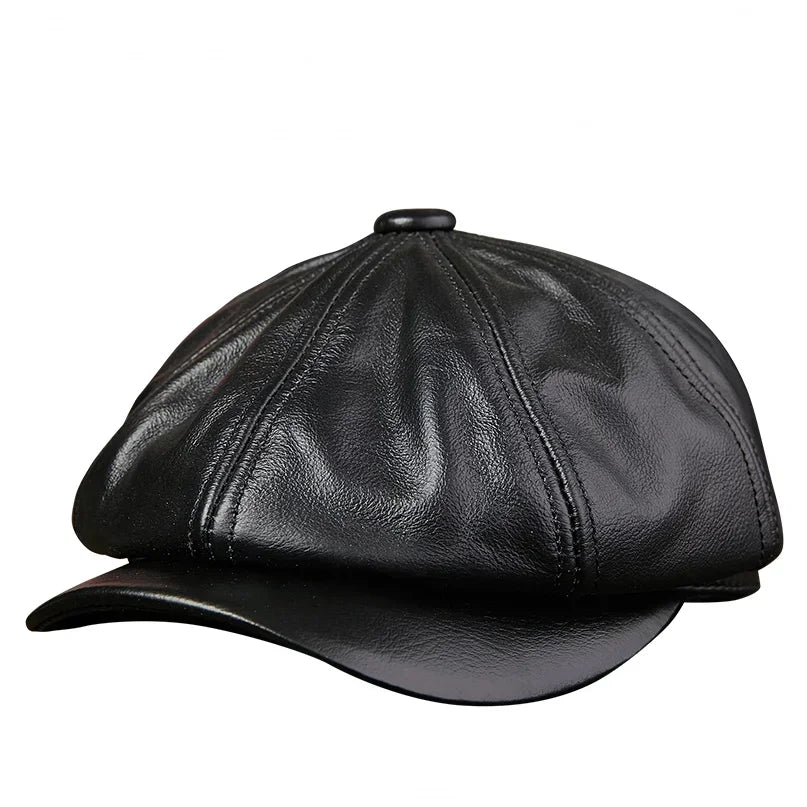Gorras octogonales de piel de vacuno para hombres y mujeres, sombrero frontal, 100% cuero genuino, gorra cálida, boina de pintor masculina, primavera e invierno