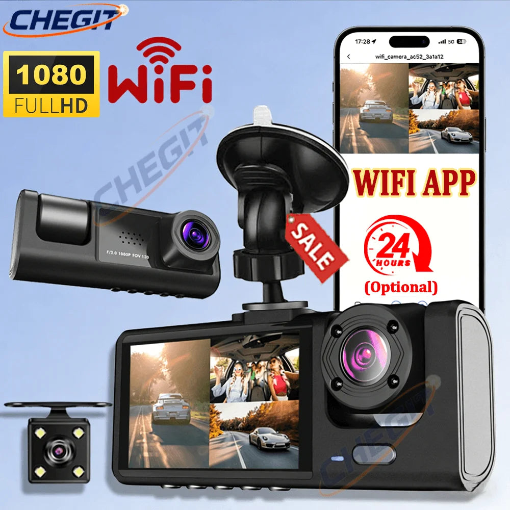 Dashcam 1080P WiFi 2/3 Caméras — Vision Nocturne Avant Arrière Véhicule
