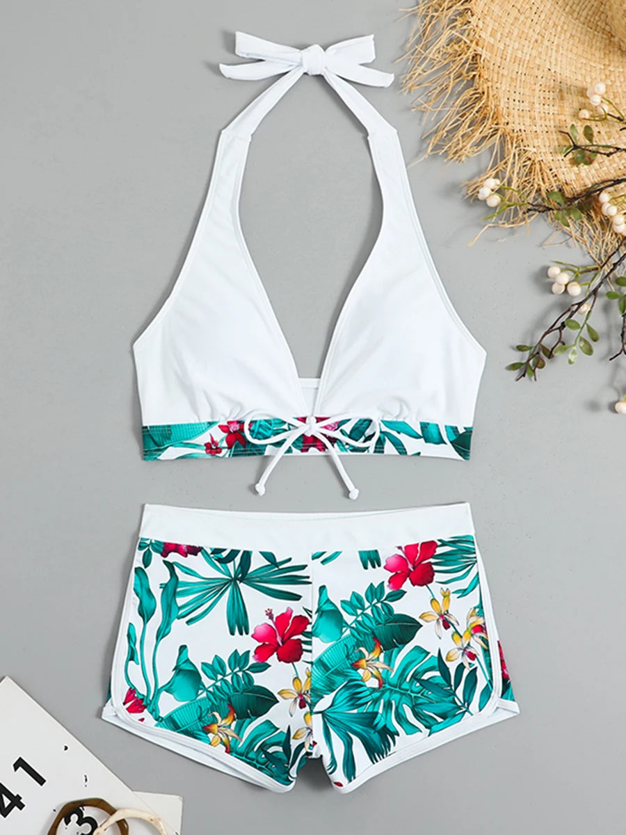 Ensemble de bikini halter 2026, maillot de bain court pour femme, maillot de bain taille haute imprimé, tenue de plage