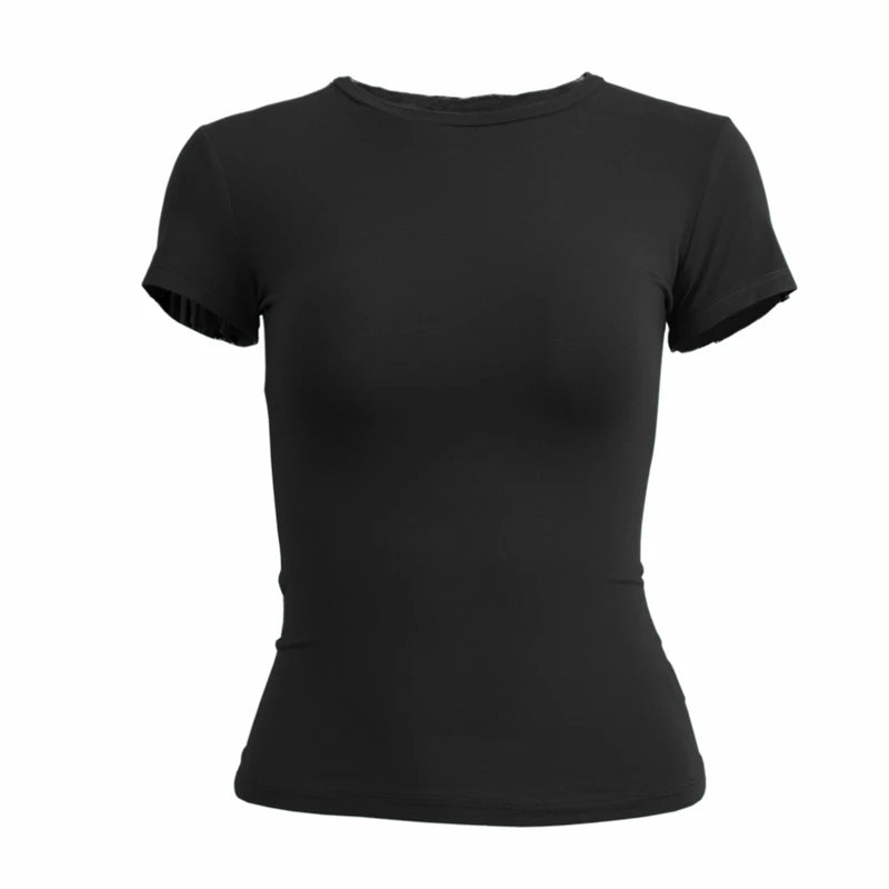 Mujer Ropa Camiseta de manga corta Top ajustado para mujer Cuello redondo Tejido Camiseta de tubo Ropa de calle Sexy deportivo 2024 Y2K Nuevo2410