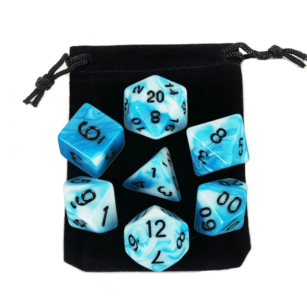 Dados poliédricos con bolsa, juego de mesa, desayunos, DnD, d4,d6,d8,d10,d %,d12,d20, 7 piezas
