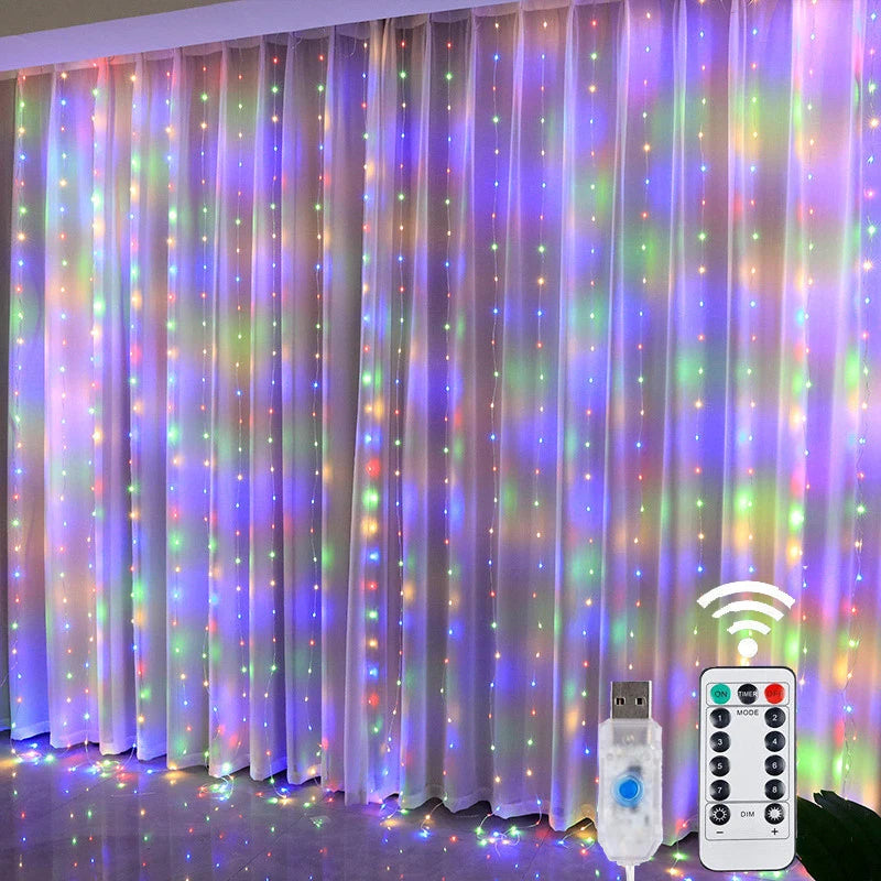 Cortina de luces LED con control remoto USB, 8 modos, decoración navideña para el hogar, vacaciones, Año Nuevo