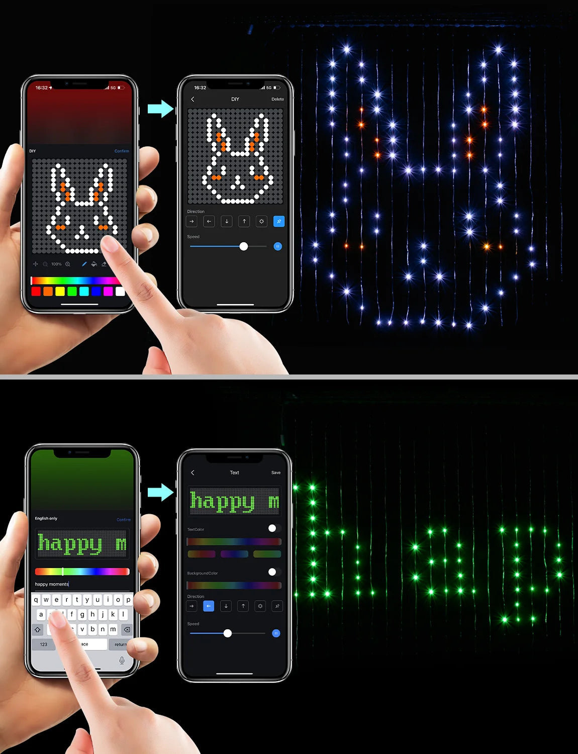 Cortina de luces LED inteligente, guirnalda de Año Nuevo, guirnalda de luces de hadas RGB, pantalla de cambio de música, para ventana, decoración navideña