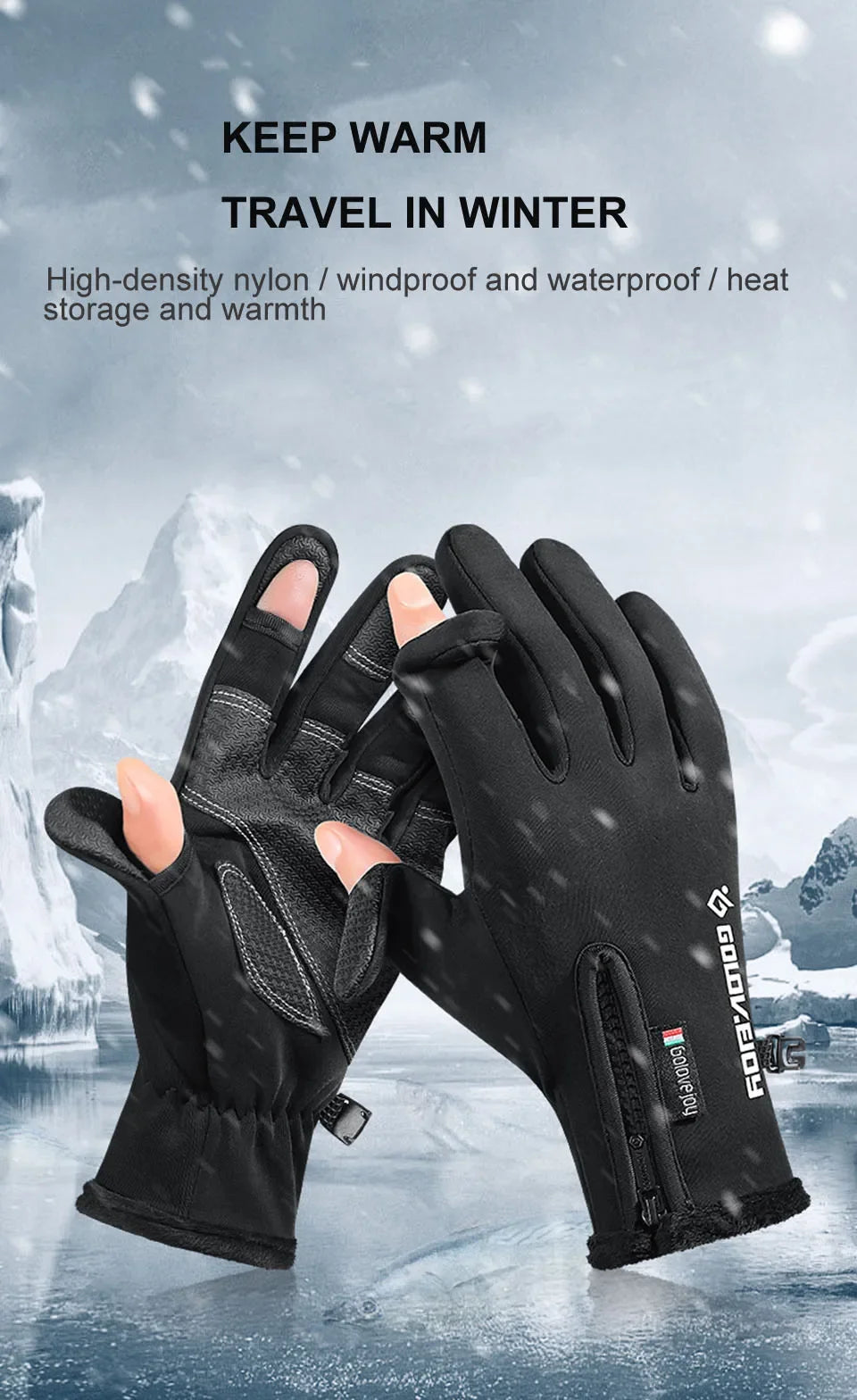 Gants de pêche imperméables d'hiver, 2 doigts, coupe-vent, pour femmes et hommes, Protection chaude en velours, gants de pêche au poisson