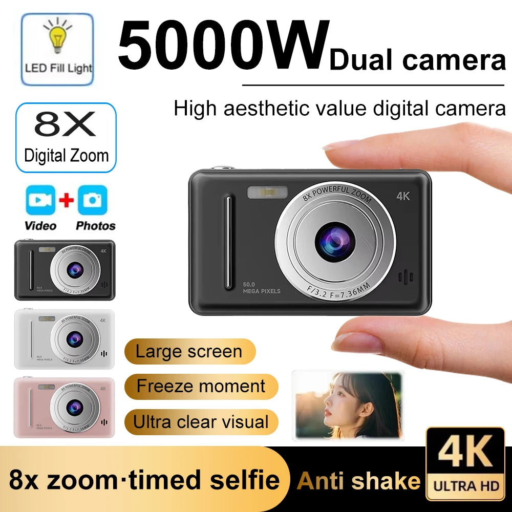 Cámara digital 4k retro CCD, cámara portátil, 50 millones de píxeles, enfoque automático, cámara de nivel de entrada, cámara dual, flash LED, cámara para estudiantes