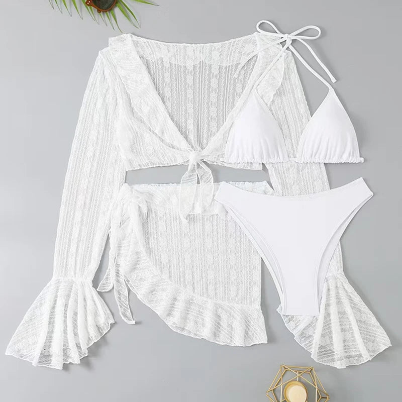 Maillot de bain sexy quatre pièces pour femme 2026, ensemble bikini uni à manches longues avec paréo, tenue de plage brésilienne pour l'été et les fêtes