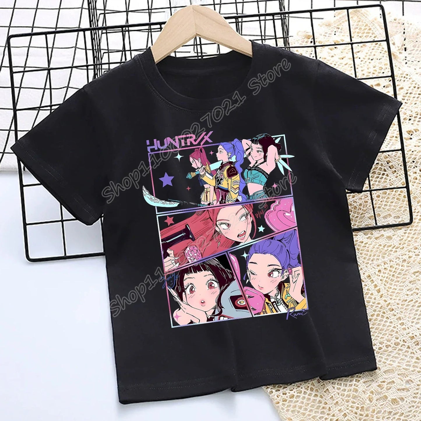 Camiseta de K-Pop Demon Hunters para niños, camiseta negra de dibujos animados para niñas, cuello redondo, ropa de manga corta