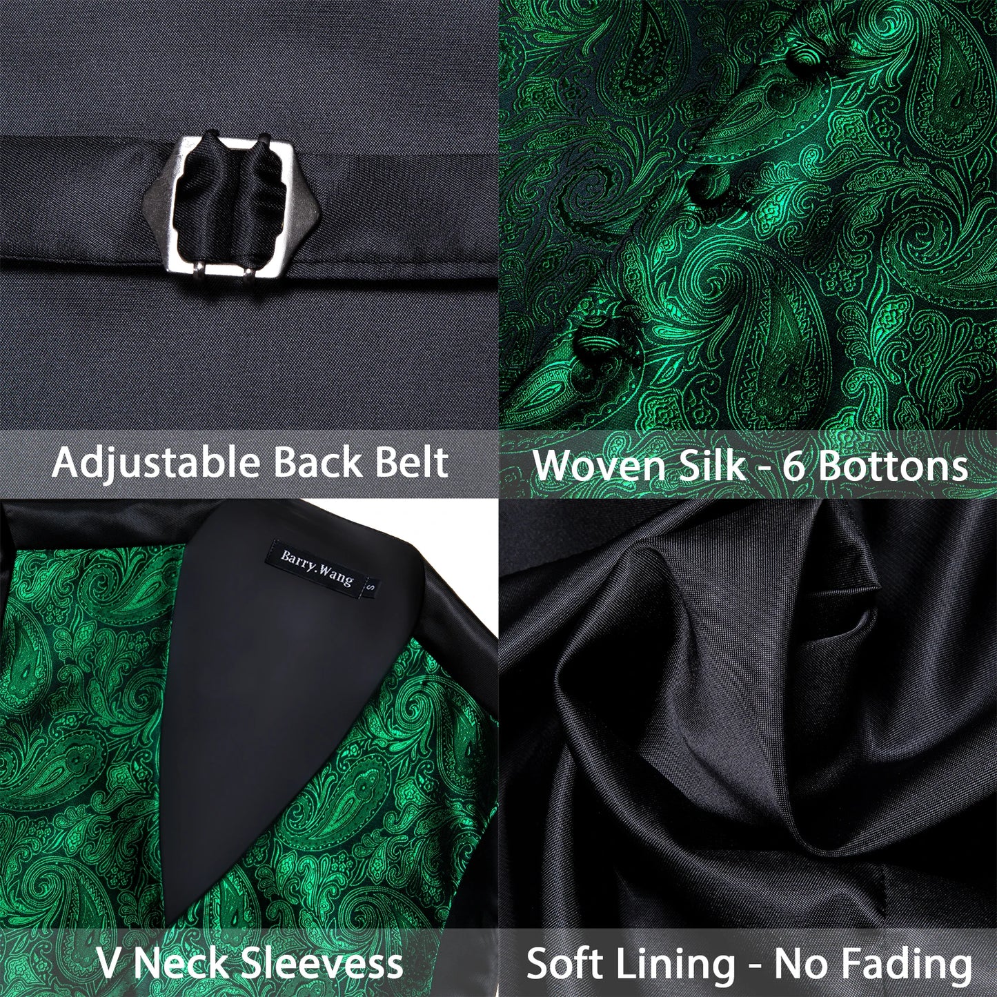 Lujo para hombre, conjunto de chaleco verde Paisley Floral Slim, para hombre, chaleco de vestir sin mangas, formal de trabajo, con corbata y pañuelo, de Barry Wang