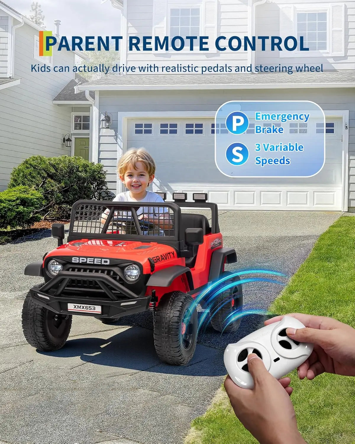 12V Kids Ride-On Truck with Remote Control, 3 Speeds, Emergency Brake, LED Lights, Music and Horn, Electric Car for Kids